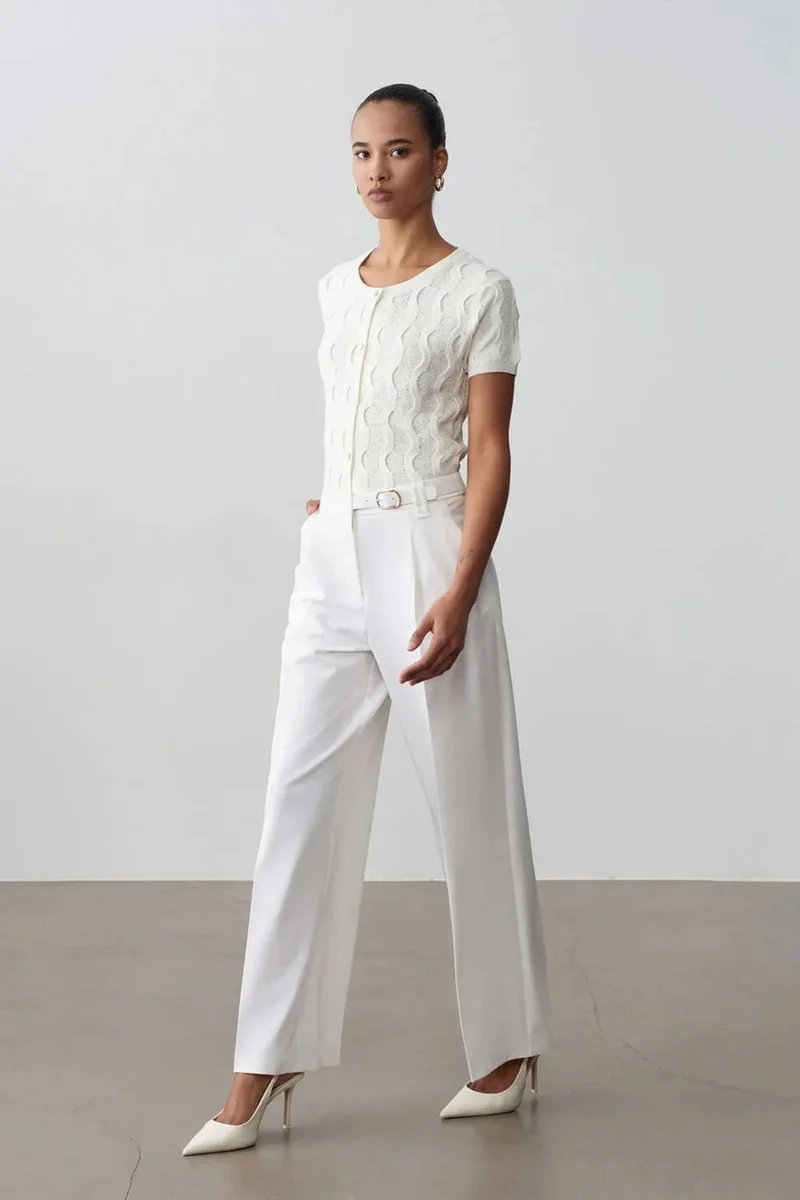 Dilvin White DILVIN Wide-leg Belted Crepe Trousers for Women | Best Price UAE