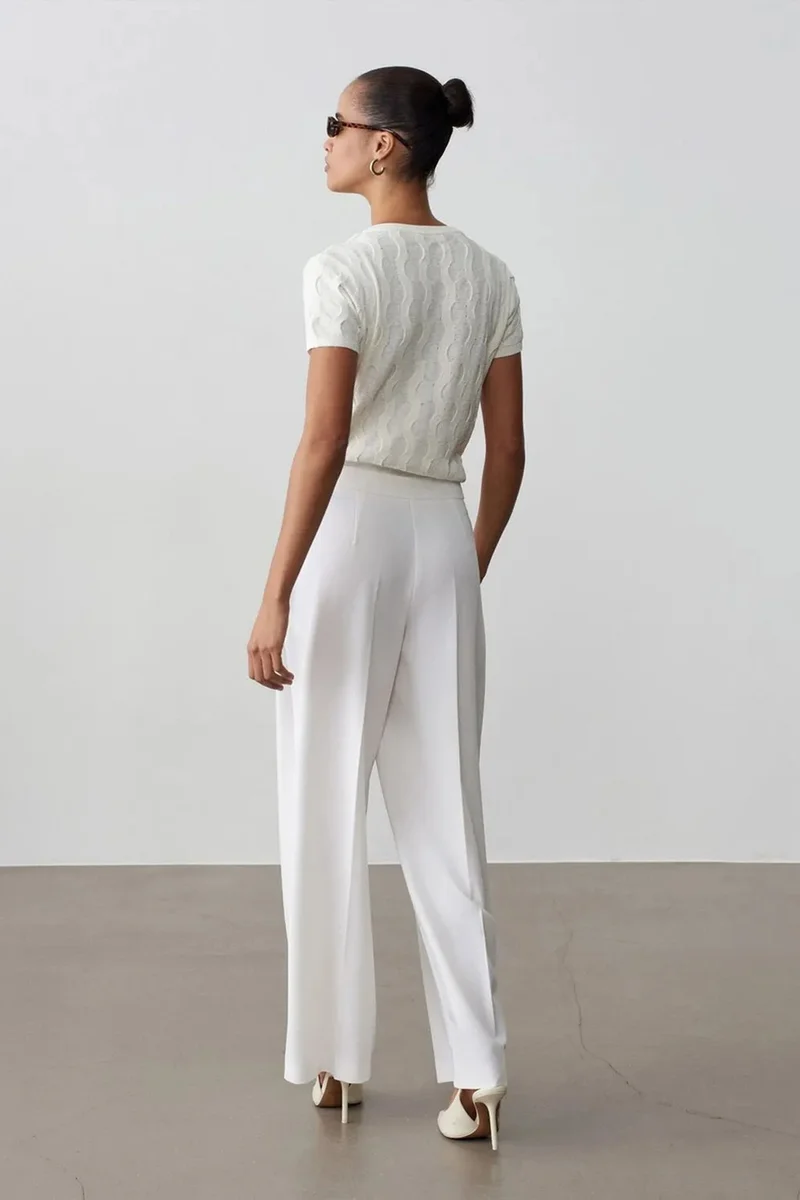 Dilvin White DILVIN Wide-leg Belted Crepe Trousers for Women | Best Price UAE