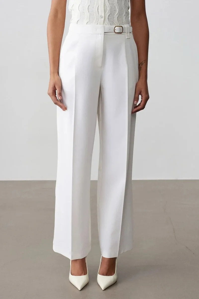 Dilvin White DILVIN Wide-leg Belted Crepe Trousers for Women | Best Price UAE