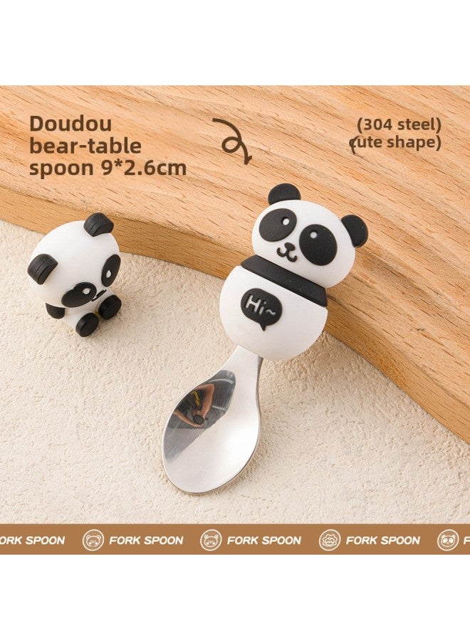 Children's Creative Fork Spoon 304 Stainless Steel Short Handle Cartoon Tableware Household Baby Dining Portable Tableware Suit-Specifications:No Specifications-Color:Go For A Ride Bear Spoon - Image 1