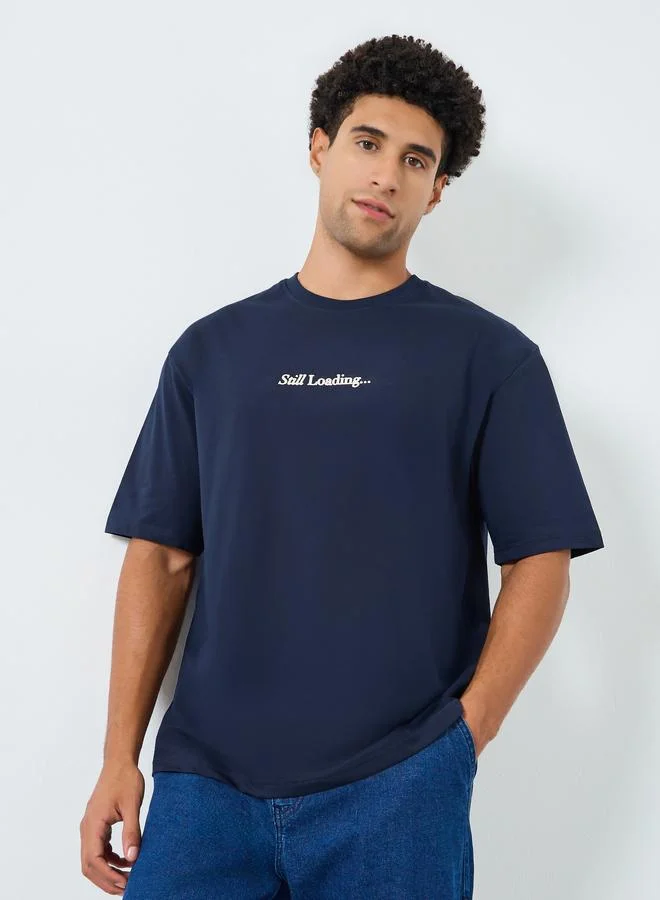Styli Men Navy Blue Graphic Print Oversized T-Shirt