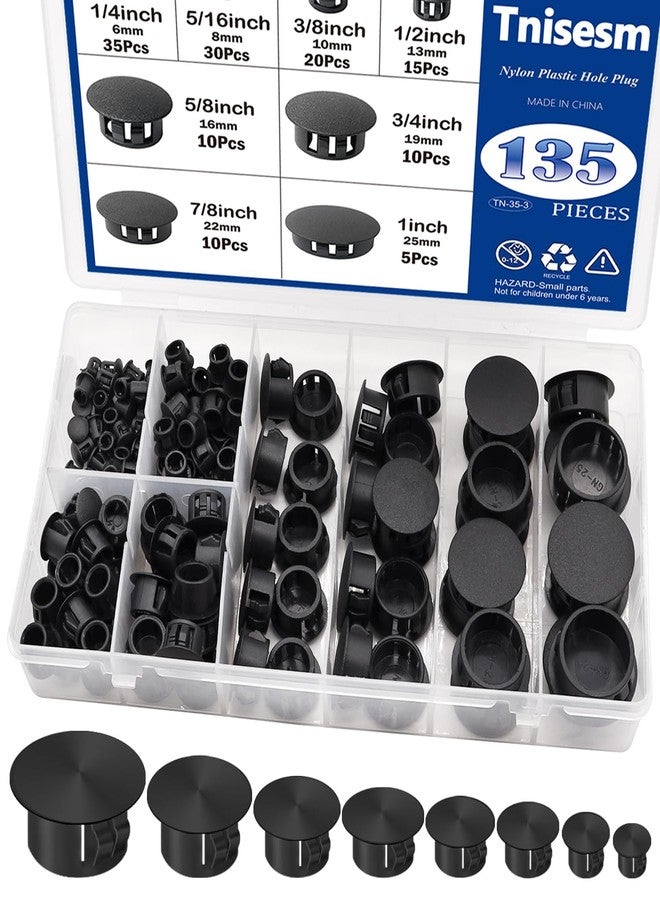 Tnisesm 135Pcs Nylon Plastic Hole Plugs Black 1/4" 5/16" 3/8" 1/2" 5/8" 3/4" 7/8" 1" Round Drill Hole, Flush Type Panel Knockout Locking Plugs, Black Screw Covers for Furniture Cabinet Insert End Caps - Image 1