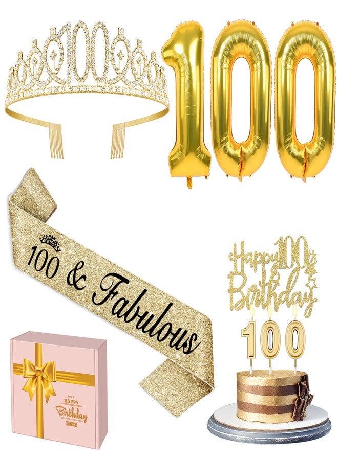 YeohJoy 100th Birthday Decorations Women Gold with Crown and Sash, Candles and Cake Topper, Number Balloons, Happy 100th Birthday Party Gifts Supplior - Image 1