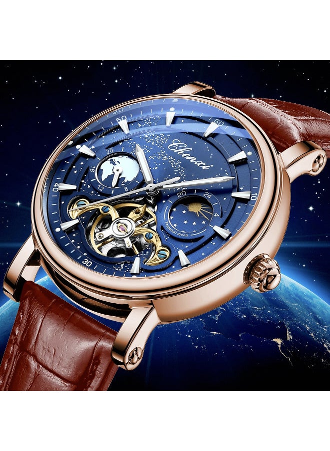 Chenxi Men's Watch Luminous Starry Sky with Moon Phase Tourbillon, Mechanical Automatic Self-wind Fashion Watches, Stainless Steel Case Leather Belt Wristwatch - Image 2