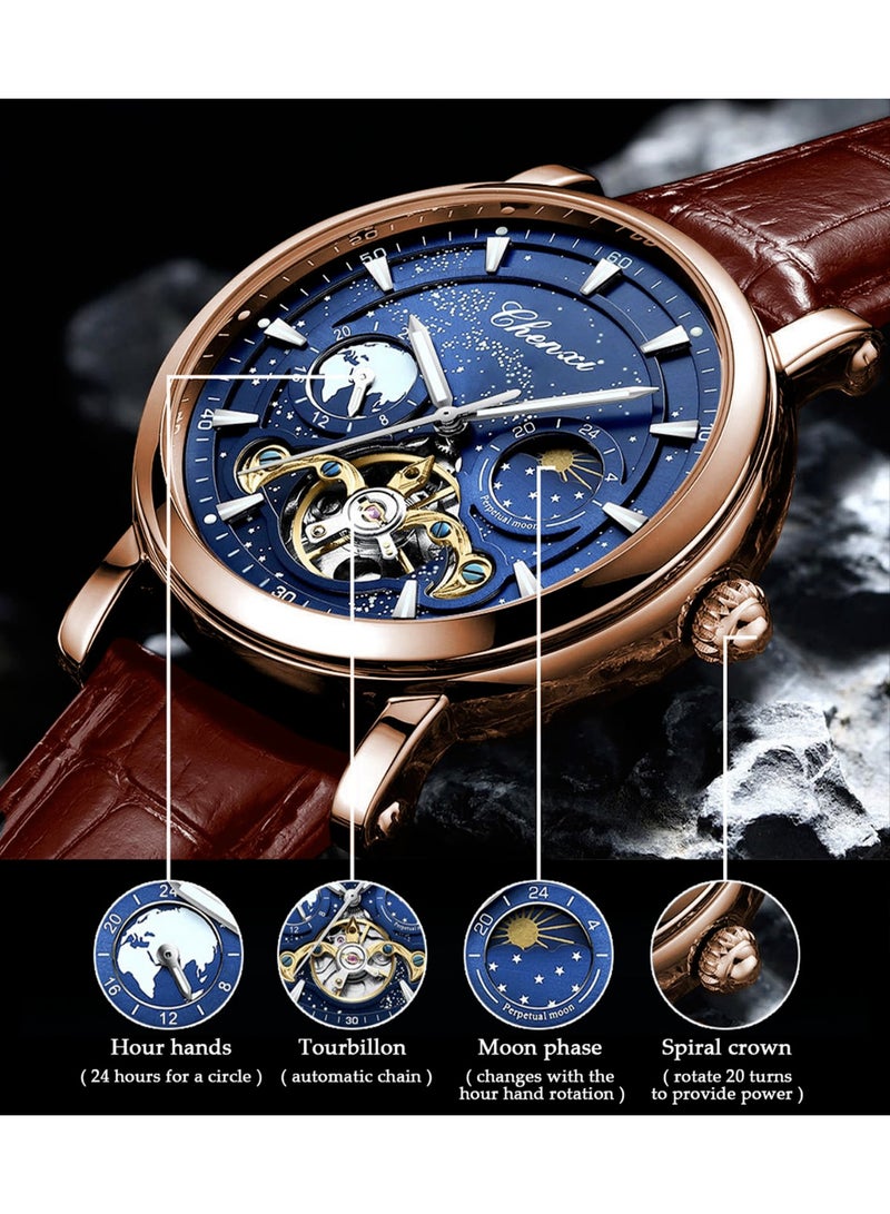 Chenxi Men's Watch Luminous Starry Sky with Moon Phase Tourbillon, Mechanical Automatic Self-wind Fashion Watches, Stainless Steel Case Leather Belt Wristwatch - Image 4