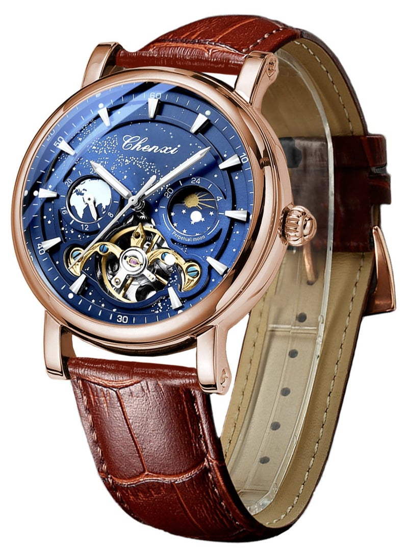 Chenxi Men's Watch Luminous Starry Sky with Moon Phase Tourbillon, Mechanical Automatic Self-wind Fashion Watches, Stainless Steel Case Leather Belt Wristwatch - Image 1