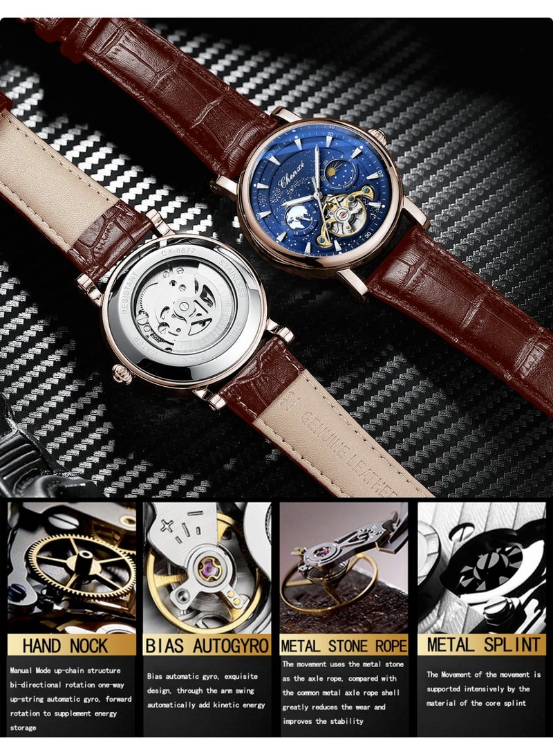 Chenxi Men's Watch Luminous Starry Sky with Moon Phase Tourbillon, Mechanical Automatic Self-wind Fashion Watches, Stainless Steel Case Leather Belt Wristwatch - Image 5