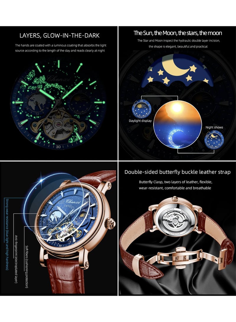 Chenxi Men's Watch Luminous Starry Sky with Moon Phase Tourbillon, Mechanical Automatic Self-wind Fashion Watches, Stainless Steel Case Leather Belt Wristwatch - Image 3