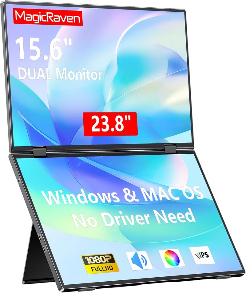 MAGICRAVEN (No Driver Need) Portable Monitor, Dual 15.6" 1080P Triple Laptop Screen Extender, Foldable VESA Mountable Computer Monitor, Travel Extended Display for Wins, Mac OS, Android and Linux - Image 1