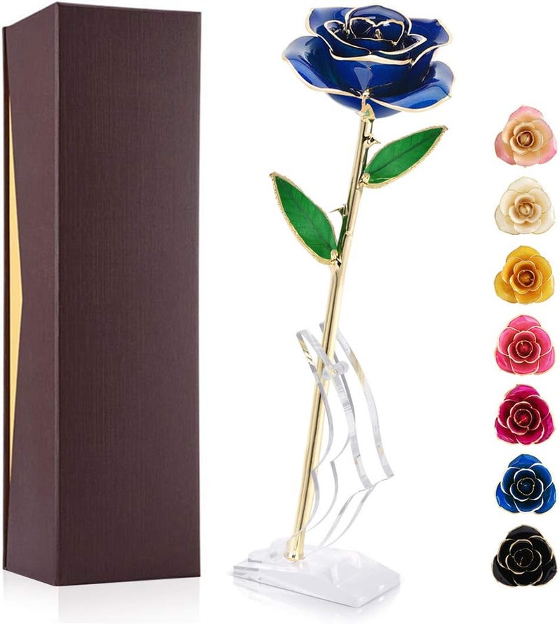 كلاراكو وردة كلاركو مطلية بالذهب عيار ٢٤ قيراطًا، للأم، وردة حقيقية مغموسة للحبيبة أو الزوجة أو الابنة أو العشاق، هدية في ذكرى الزواج أو عيد الميلاد أو اقتراح الزواج (وردة زرقاء مع حامل) - Image 1