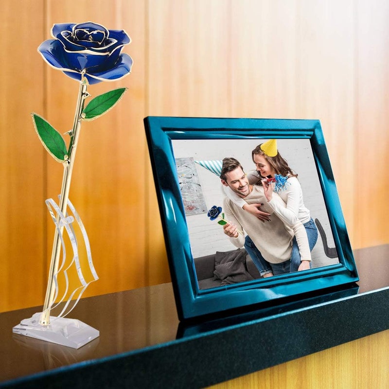 كلاراكو وردة كلاركو مطلية بالذهب عيار ٢٤ قيراطًا، للأم، وردة حقيقية مغموسة للحبيبة أو الزوجة أو الابنة أو العشاق، هدية في ذكرى الزواج أو عيد الميلاد أو اقتراح الزواج (وردة زرقاء مع حامل) - Image 4