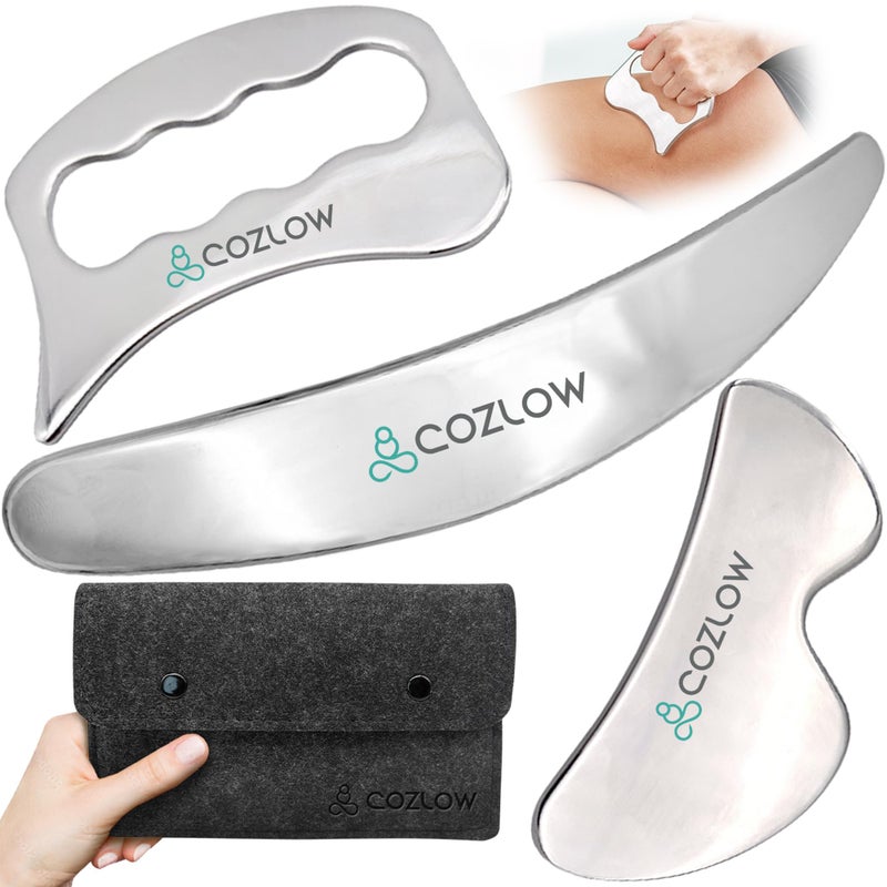 COZLOW 3in1 Muscle Scraper Tool Set Skin Scraping Massage Tools for IASTM Therapy Deep Tissue Gua Sha for Soft Tissue Mobilization Fascia Myofascial Release Stainless Steel Metal Blades