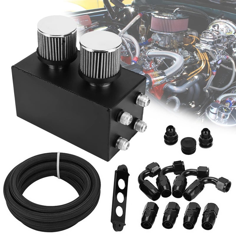 BOMLING 4X AN10 Oil Catch Can Reservior Tank Baffle Dual Filter Engine Breather oil pot kit Batterysize Compatible with Honda Acura Integra EK Black