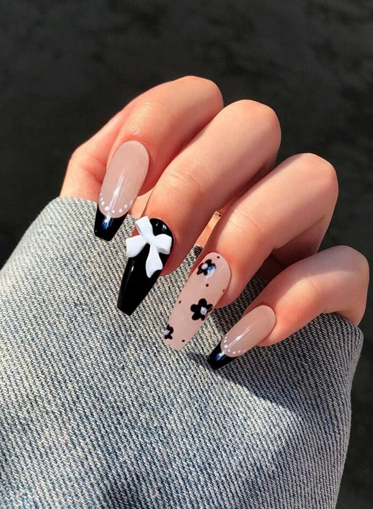 SYOSI Fake Nails, 24Pcs Glossy Medium Press on Nails with Design, Pink Acrylic Nails Press on, Artificial Glue on Nails, Fake Nails with Flower Bow for Nail Art Decoration - Image 1