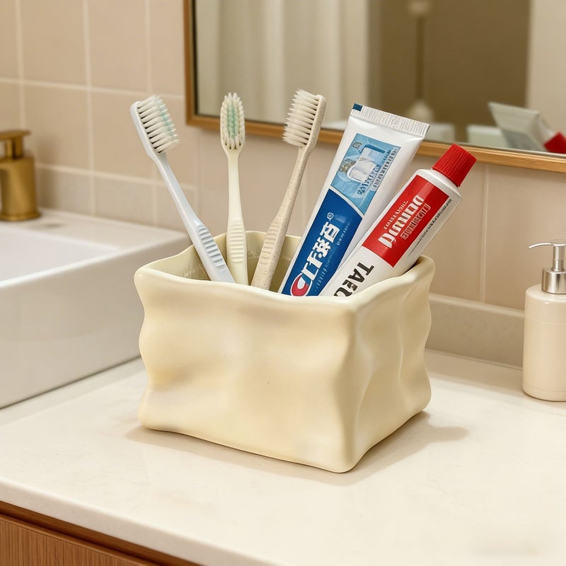 1pc Minimalist Wave Shaped Resin Toothbrush Holder Milky White Rectangular Glacier Storage For Bathroom Vanities Pen Holders Comb Organizers Desktop Organization Graduation Mother Day Gift - Image 3