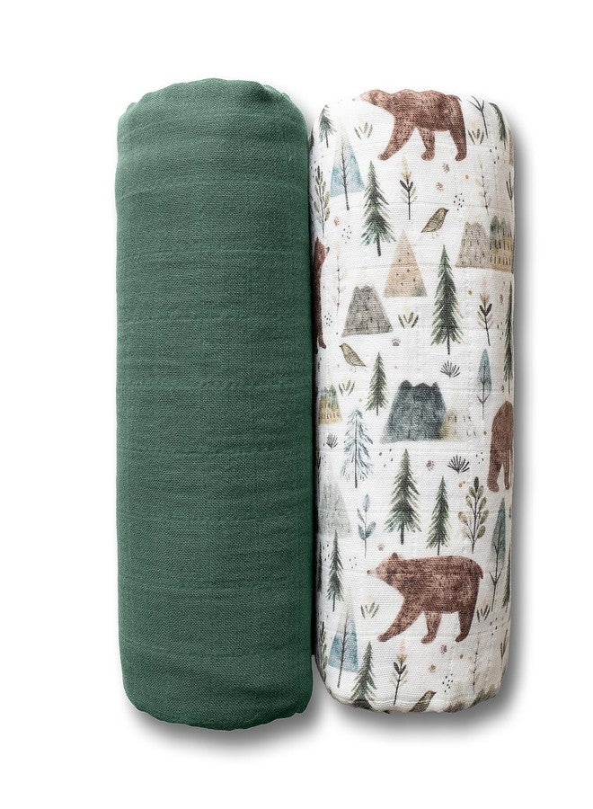 Miaoberry GOTS Certified Organic Muslin Swaddle Blankets, 2 Pack Baby Receiving Blankets, Soft Breathable Cotton Swaddles for Newborn Boys & Girls, Forest Bear & Green - Image 1