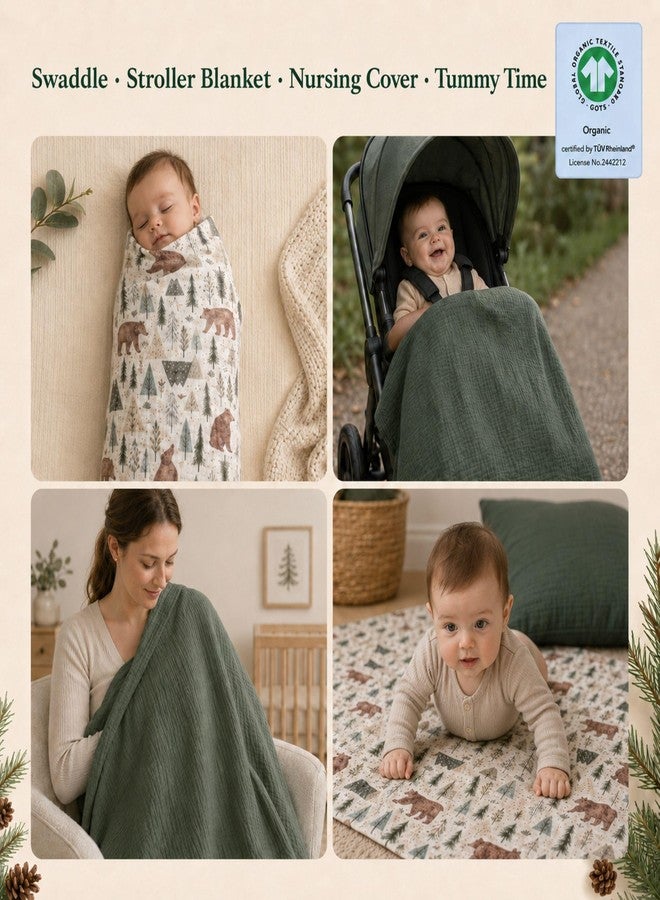 Miaoberry GOTS Certified Organic Muslin Swaddle Blankets, 2 Pack Baby Receiving Blankets, Soft Breathable Cotton Swaddles for Newborn Boys & Girls, Forest Bear & Green - Image 3