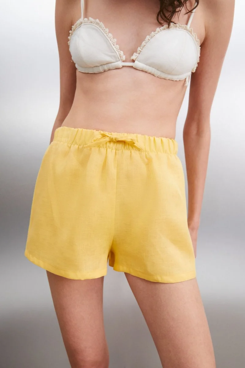 GRIMELANGE Melthara Women's 100% Linen Regular Yellow Shorts
