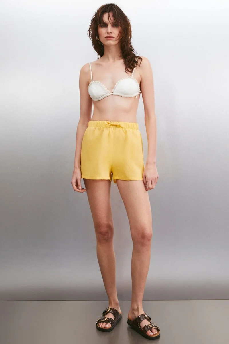 GRIMELANGE Melthara Women's 100% Linen Regular Yellow Shorts