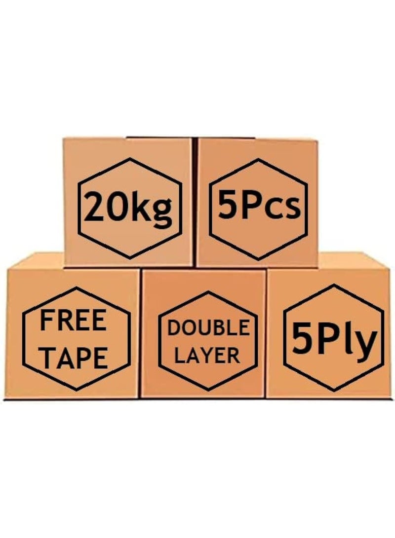 (5 Pack) Medium Double Wall 100% Recyclable Corrugated Cardboard Moving Boxes with 20 KG Capacity, 44 x 44 x 44 cm Brown Carton for Packaging, Shipping and Storage, 5 ply with Free Tape - Image 1