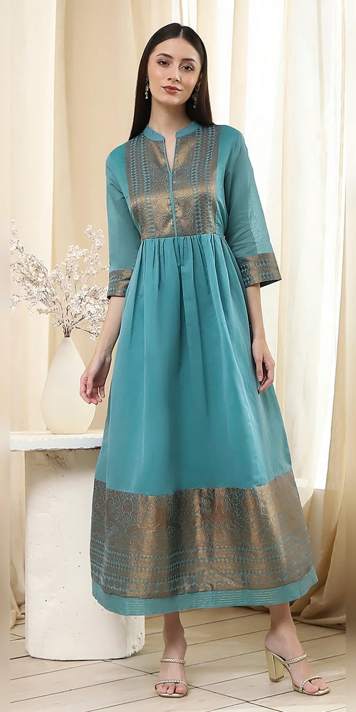 Biba  Women Turquoise Yarn-Dyed Flared Kurta  | Best Price UAE