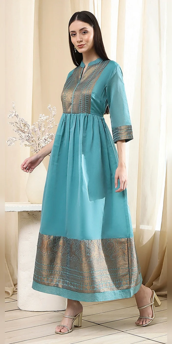 Biba  Women Turquoise Yarn-Dyed Flared Kurta  | Best Price UAE