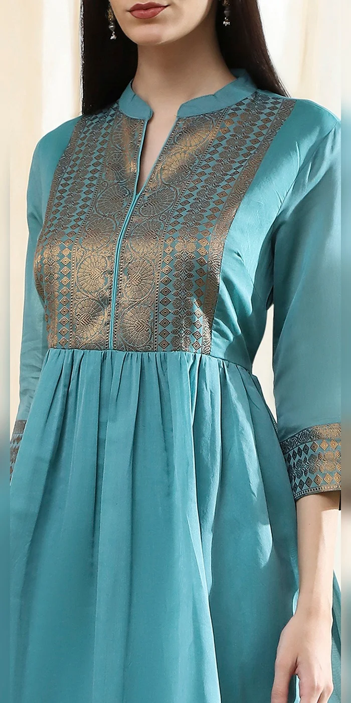 Biba  Women Turquoise Yarn-Dyed Flared Kurta  | Best Price UAE