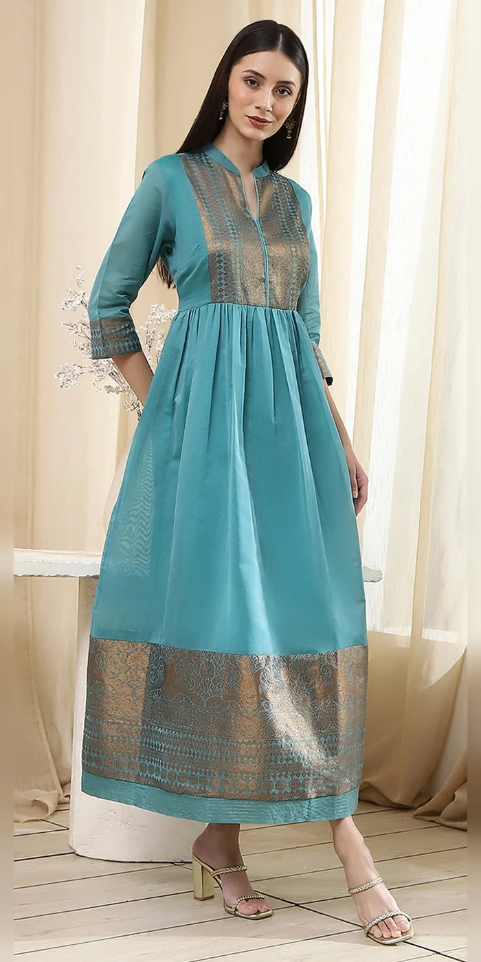 Biba  Women Turquoise Yarn-Dyed Flared Kurta  | Best Price UAE