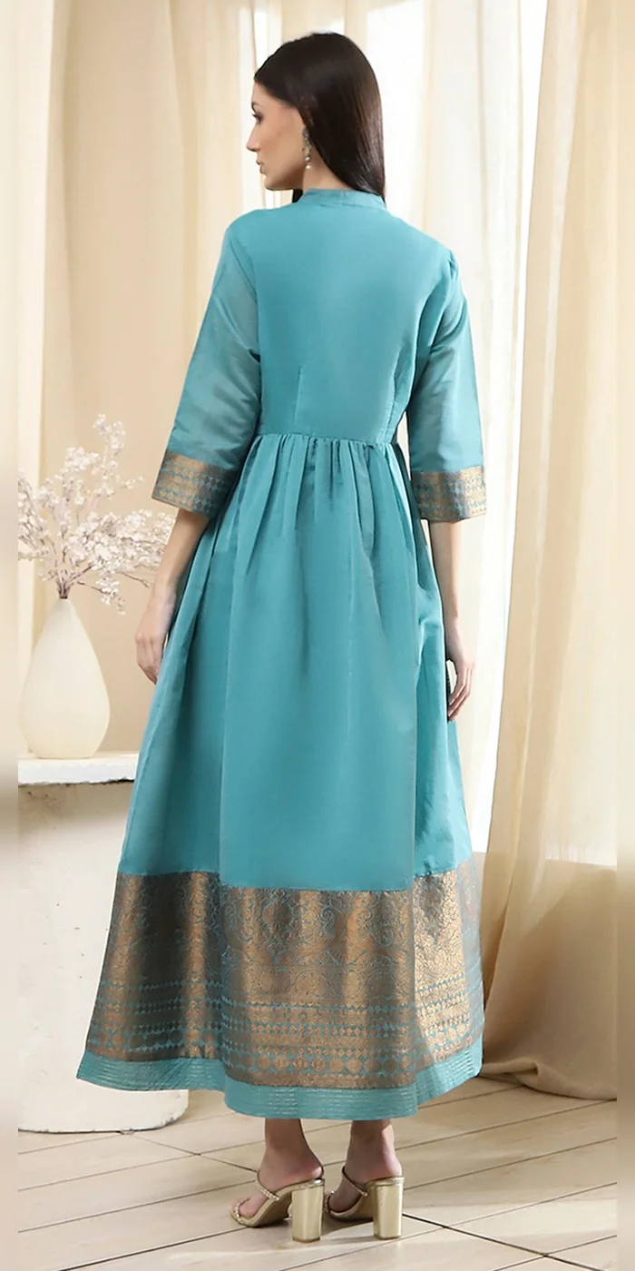 Biba  Women Turquoise Yarn-Dyed Flared Kurta  | Best Price UAE