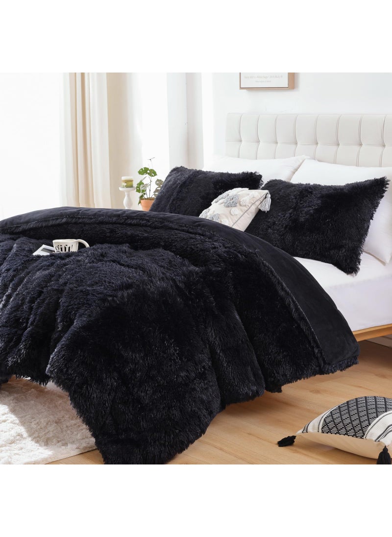 Smoofy Smoofy Fluffy Queen Comforter Set Faux Fur Black Comforter Set Queen Size Luxury Fuzzy Bedding Set Soft Shaggy Bed Set for All Season 3 Pieces  1 Comforter  2 Pillowcases 