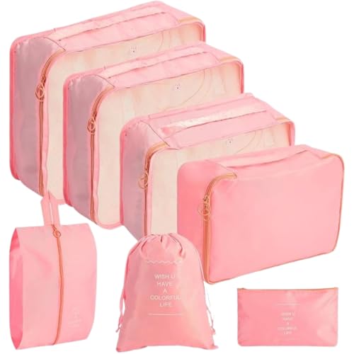 Sprqcart Polyester 7 Set Travel Organizer Bag 3 Packing Cubes + Pouches 1 Toiletry (Pink20 Cm, Cm) - Image 1