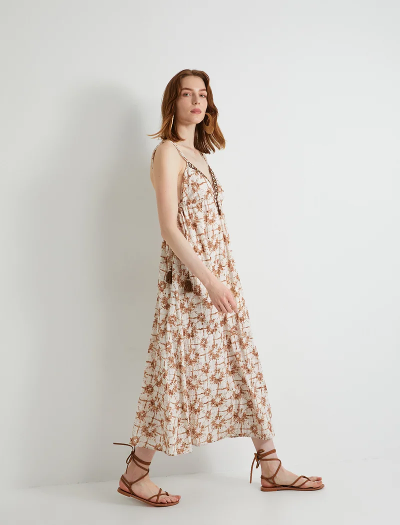 كوتون Tassel Detail V Neck Strappy Long Dress