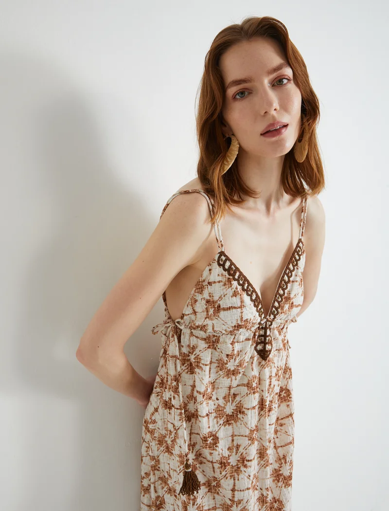 كوتون Tassel Detail V Neck Strappy Long Dress