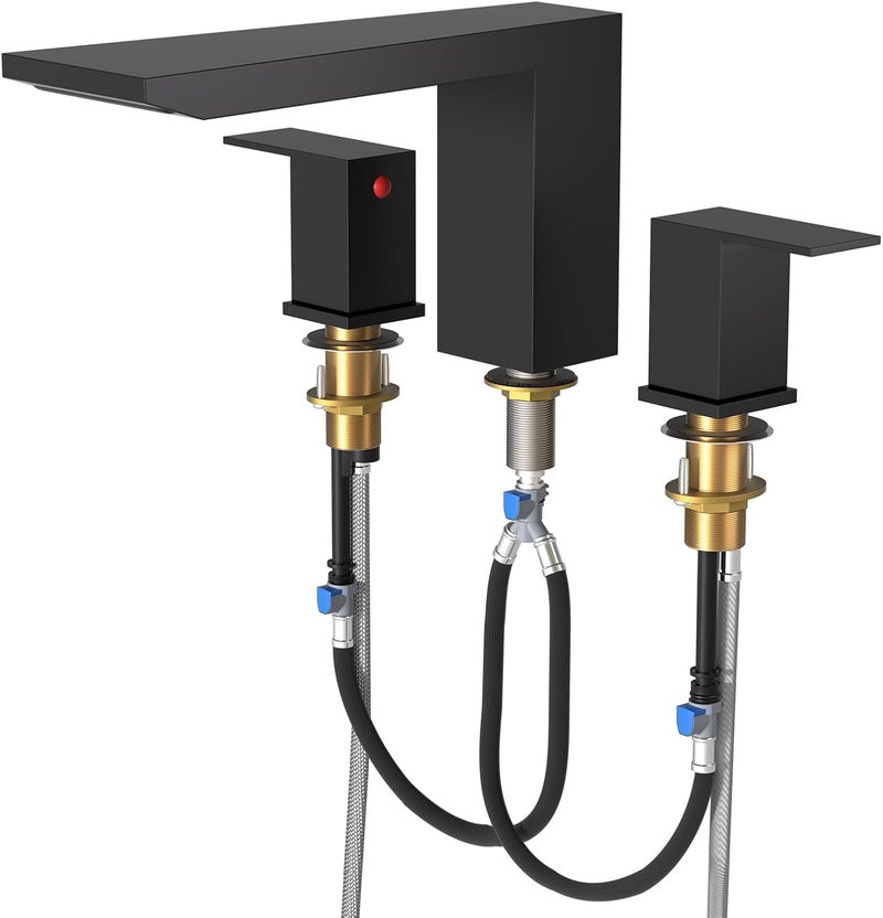 BESy Waterfall Roman Tub Faucets, Deck Mount Bathtub Faucets Set, Garden 3 Holes Two Handles Widespread Bath Tub Filler Tub Faucets with Valve, cUPC Supply Hoses, Matte Black - Image 1