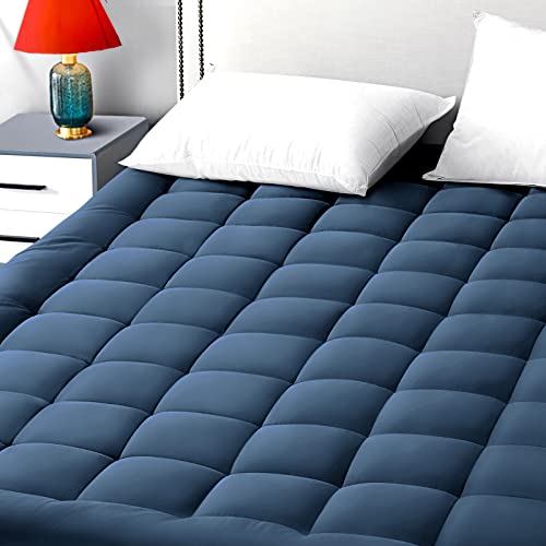 EASELAND King Size Mattress Pad Pillow Top Mattress Cover Quilted Fitted Mattress Protector 821 Deep Pocket Cooling Mattress Topper 78x80 Inches Dark Blue