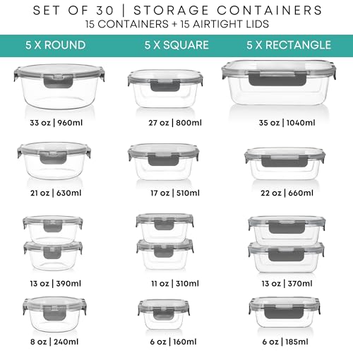 Razab 30 PC Glass Food Storage Containers with Lids - Reusable Glass Meal Prep Containers for Lunch & Leftovers - Airtight & Leakproof Snap Locking Lids - Oven, Freezer, Microwave & Dishwasher Safe - Image 2