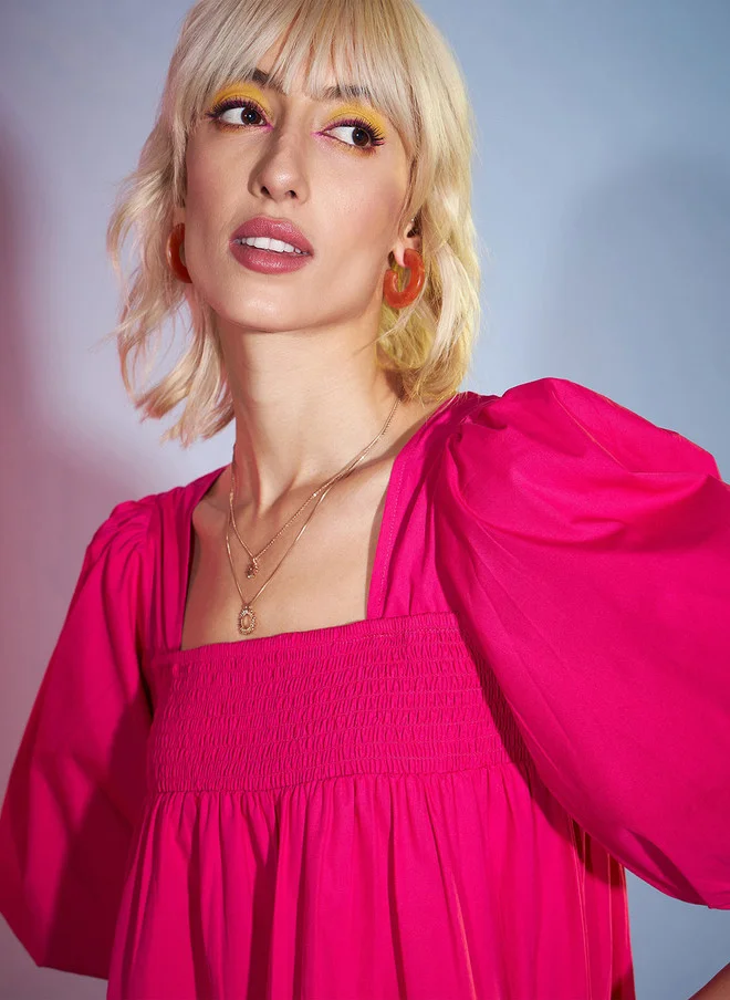 SASSAFRAS Pink Puff Sleeve Smocked Cotton Fit & Flare Dress for Women