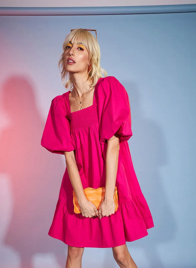 Pink Puff Sleeve Smocked Cotton Fit & Flare Dress for Women