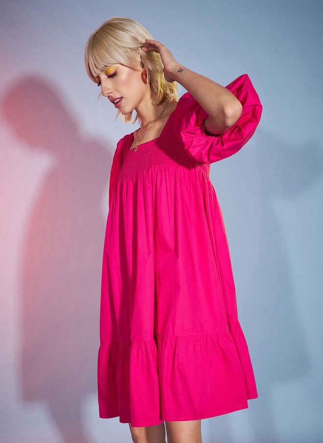 ساسافراس فستان قطني وردي بأكمام منتفخة وخصر مطاطي للنساء - Image 3