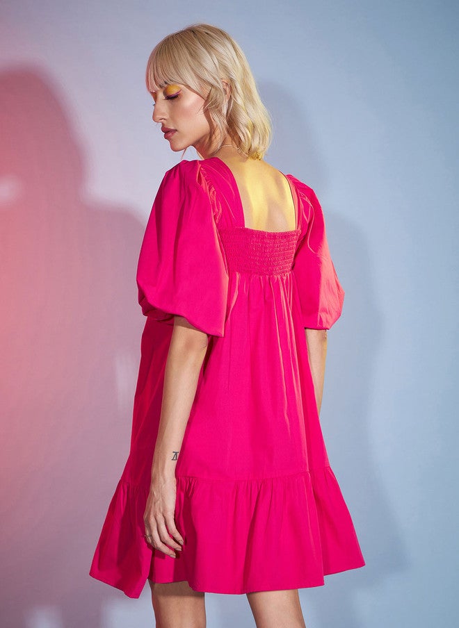 ساسافراس فستان قطني وردي بأكمام منتفخة وخصر مطاطي للنساء - Image 4