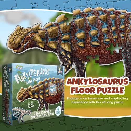Genius Games Ankylosaurus Dinosaur Jigsaw Puzzle 100Piece Double Sided Floor Puzzle with GlowinTheDark Skeleton On Other Side 4 FT Scientifically Accurate Dino Illustration Educational Toy for Kids - Image 5