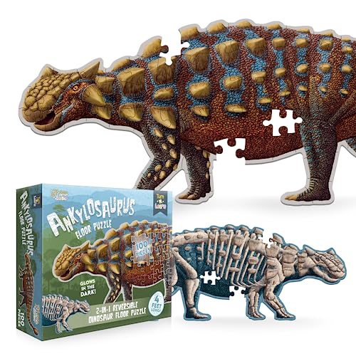 Genius Games Ankylosaurus Dinosaur Jigsaw Puzzle 100Piece Double Sided Floor Puzzle with GlowinTheDark Skeleton On Other Side 4 FT Scientifically Accurate Dino Illustration Educational Toy for Kids - Image 1