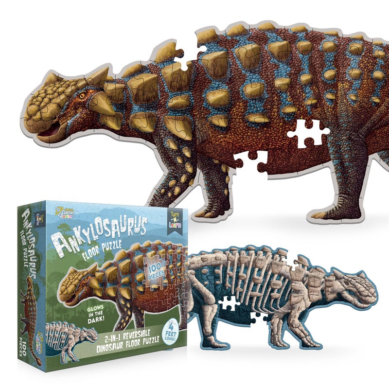 Genius Games Ankylosaurus Dinosaur Jigsaw Puzzle 100Piece Double Sided Floor Puzzle with GlowinTheDark Skeleton On Other Side 4 FT Scientifically Accurate Dino Illustration Educational Toy for Kids - Image 3
