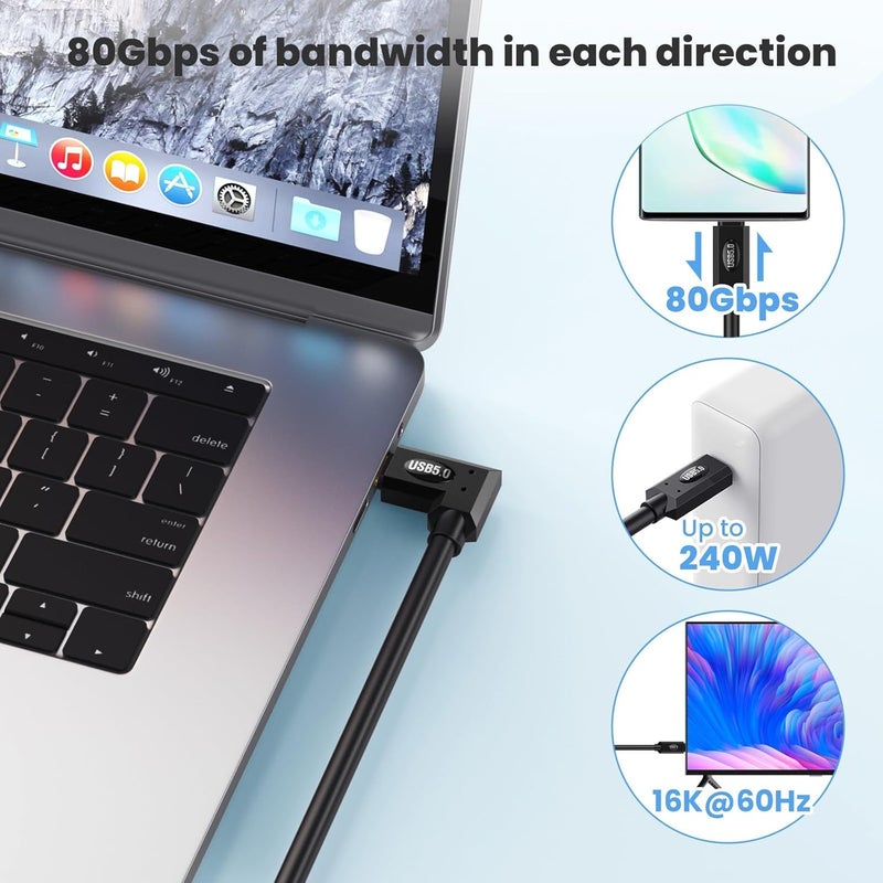 USB 5 Cable 80Gbps Data Transfer 240W PD3 1 Charging Supports 16K Display E Marker Protection 6FT Black - Image 3