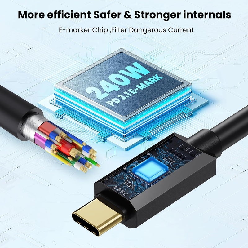 USB 5 Cable 80Gbps Data Transfer 240W PD3 1 Charging Supports 16K Display E Marker Protection 6FT Black - Image 5