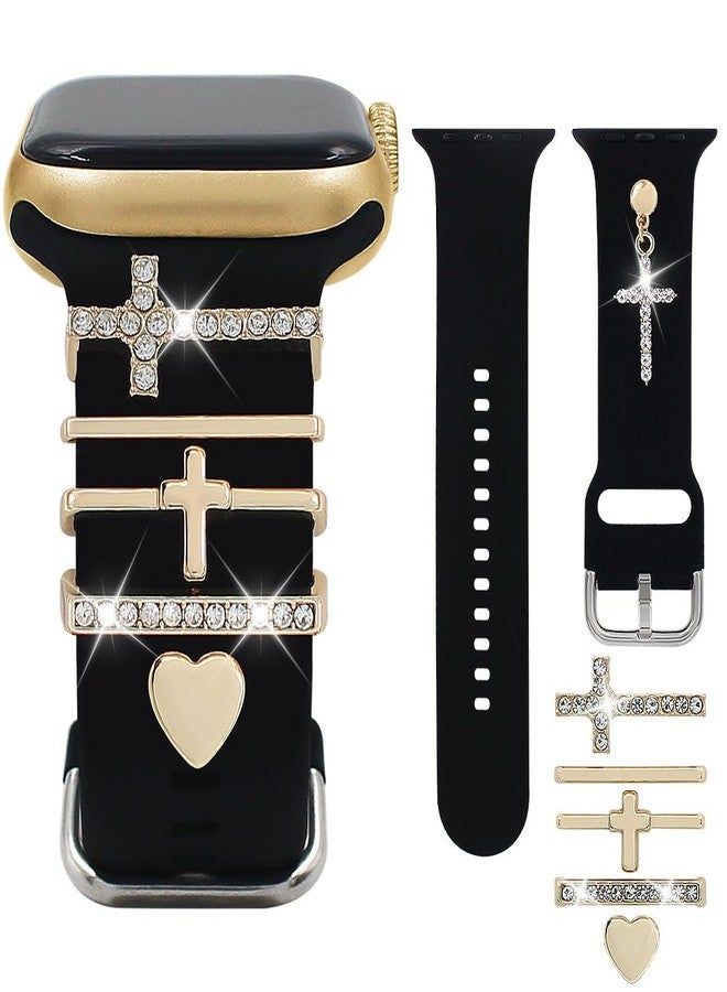 YONWORTH Silicone Band Compatible with Apple Watch Bands Women 42 44 45 46 49mm,Wristband With Decorative Rings Stud Charms Pendants for iWatch Series 10 9 8 7 6 5 4 3 2 1 Ultra SE (Black-Cross Gold,49mm) - Image 1