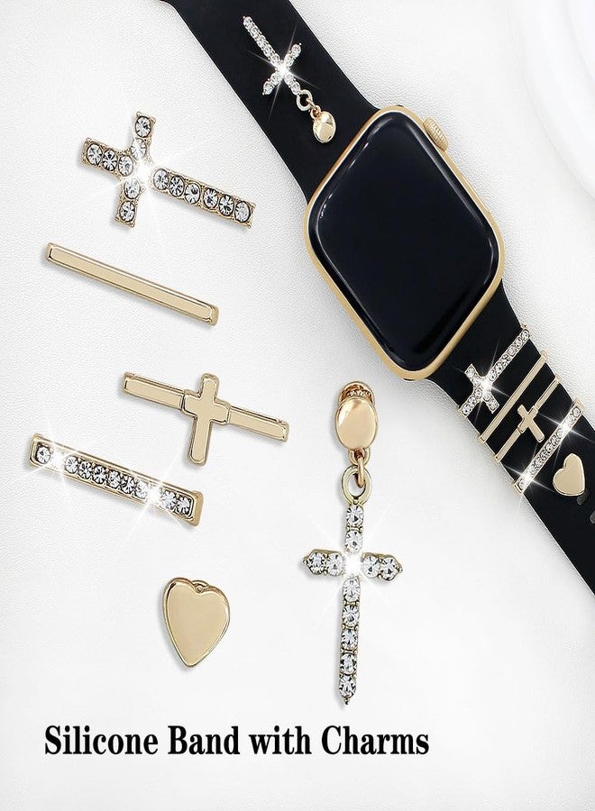 YONWORTH Silicone Band Compatible with Apple Watch Bands Women 42 44 45 46 49mm,Wristband With Decorative Rings Stud Charms Pendants for iWatch Series 10 9 8 7 6 5 4 3 2 1 Ultra SE (Black-Cross Gold,49mm) - Image 3
