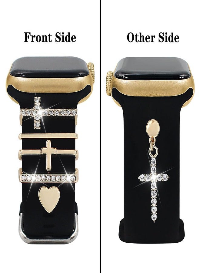 YONWORTH Silicone Band Compatible with Apple Watch Bands Women 42 44 45 46 49mm,Wristband With Decorative Rings Stud Charms Pendants for iWatch Series 10 9 8 7 6 5 4 3 2 1 Ultra SE (Black-Cross Gold,49mm) - Image 2