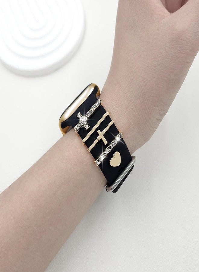 YONWORTH Silicone Band Compatible with Apple Watch Bands Women 42 44 45 46 49mm,Wristband With Decorative Rings Stud Charms Pendants for iWatch Series 10 9 8 7 6 5 4 3 2 1 Ultra SE (Black-Cross Gold,49mm) - Image 5