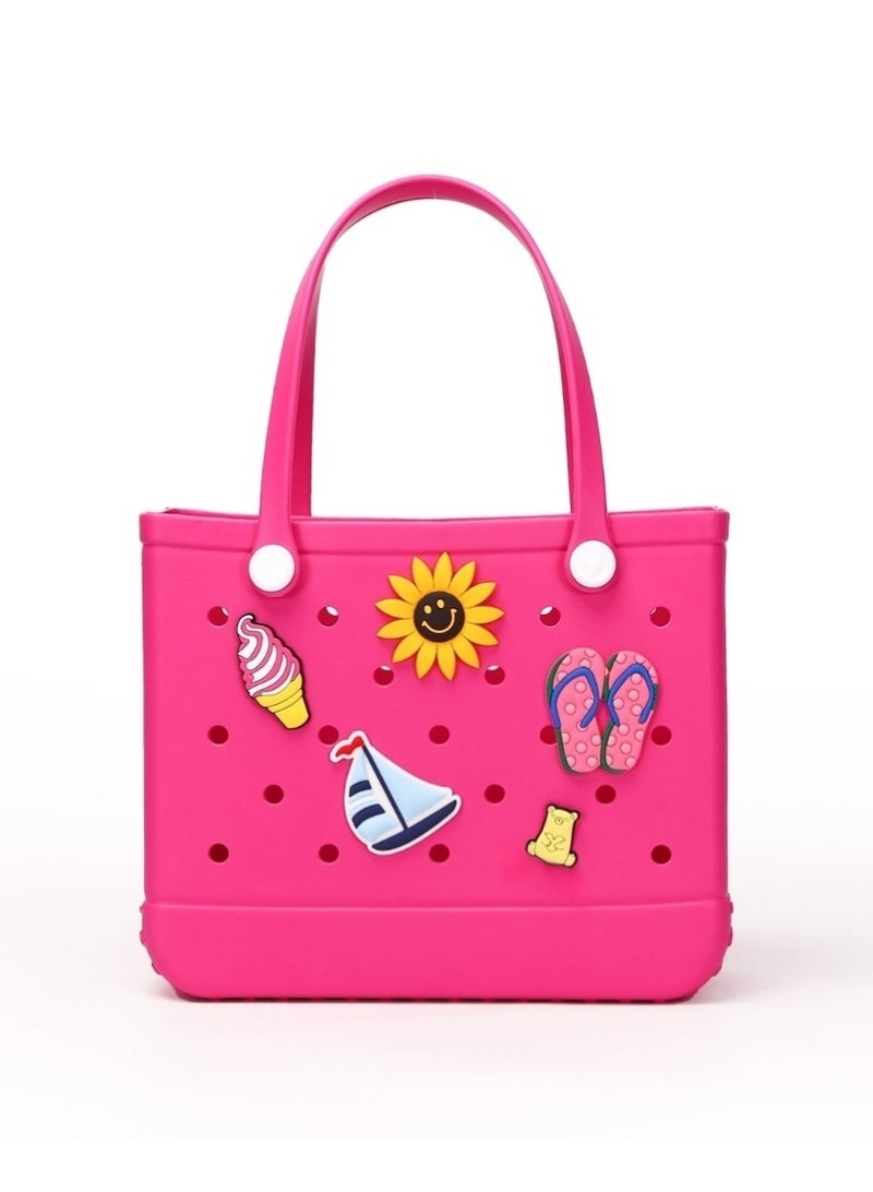 EVA Rubber Beach Tote Bag with 5 Summer Charms | Waterproof, Durable & Easy-to-Clean | Spacious Summer Beach Bag for Women & Family | (Magenta- Medium) - Image 1